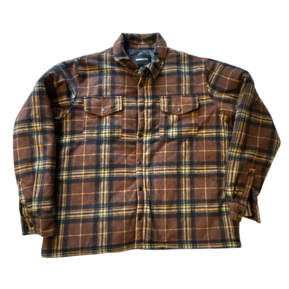 Nova Men Plaid Trucker Jacket Shirt Jacket Quilted Lining XXL Rustic Brown